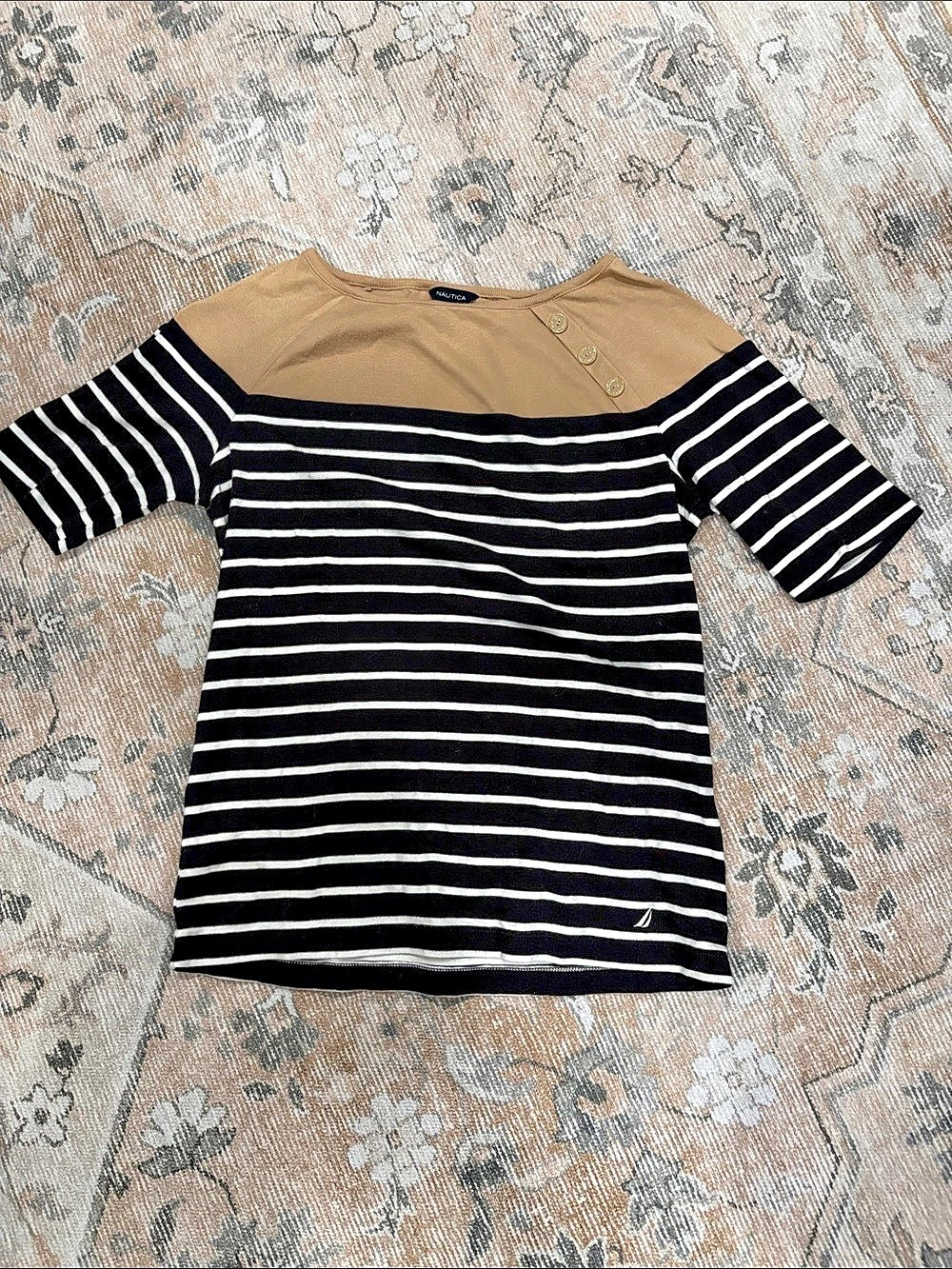 Nautica Striped Short Sleeve Top Black & Brown Medium